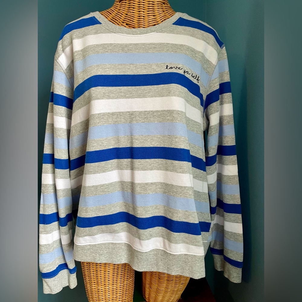 Popsugar Love Ya Self Striped Sweatshirt Top Blue White Grey Size XL